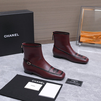CHANEL 26S ANKLE BOOTS IN BURGUNDY CALFSKIN WITH BLACK PATENT LEATHER TRIM AND CC LOGO ON TOE CAP