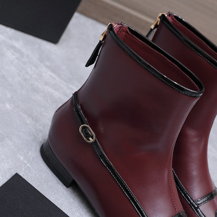 CHANEL 26S ANKLE BOOTS IN BURGUNDY CALFSKIN WITH BLACK PATENT LEATHER TRIM AND CC LOGO ON TOE CAP