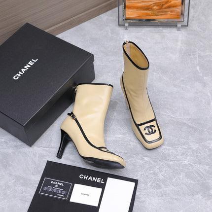 CHANEL 26S ANKLE BOOTS 80 MM IN BEIGE CALFSKIN WITH BLACK PATENT LEATHER TRIM AND CC LOGO ON TOE CAP