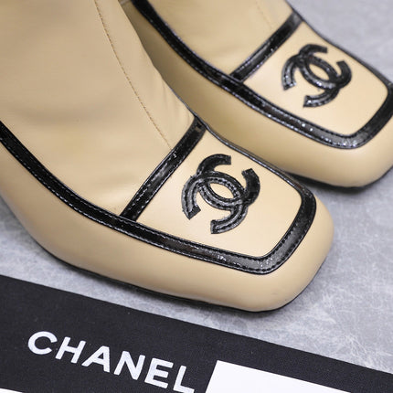 CHANEL 26S ANKLE BOOTS 80 MM IN BEIGE CALFSKIN WITH BLACK PATENT LEATHER TRIM AND CC LOGO ON TOE CAP