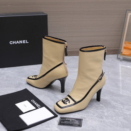 CHANEL 26S ANKLE BOOTS 80 MM IN BEIGE CALFSKIN WITH BLACK PATENT LEATHER TRIM AND CC LOGO ON TOE CAP