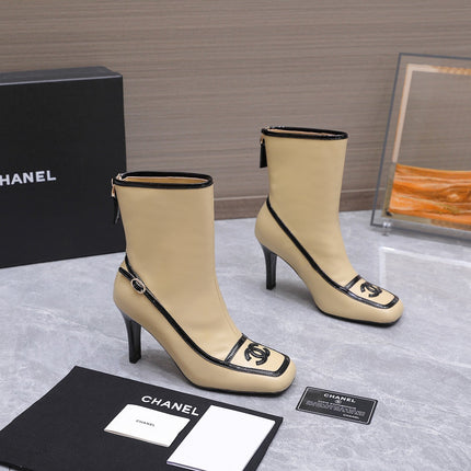CHANEL 26S ANKLE BOOTS 80 MM IN BEIGE CALFSKIN WITH BLACK PATENT LEATHER TRIM AND CC LOGO ON TOE CAP