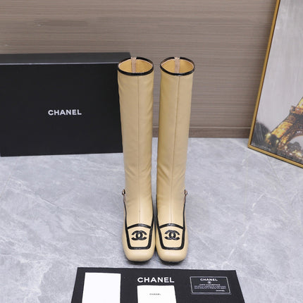CHANEL 26S KNEE HIGH BOOTS IN BEIGE CALFSKIN WITH BLACK PATENT LEATHER TRIM AND CC LOGO ON TOE CAP