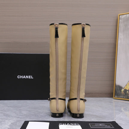 CHANEL 26S KNEE HIGH BOOTS IN BEIGE CALFSKIN WITH BLACK PATENT LEATHER TRIM AND CC LOGO ON TOE CAP