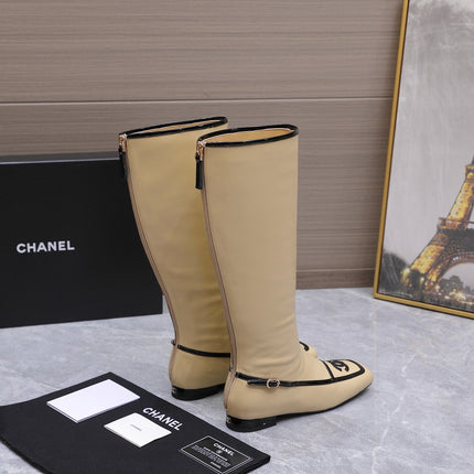 CHANEL 26S KNEE HIGH BOOTS IN BEIGE CALFSKIN WITH BLACK PATENT LEATHER TRIM AND CC LOGO ON TOE CAP