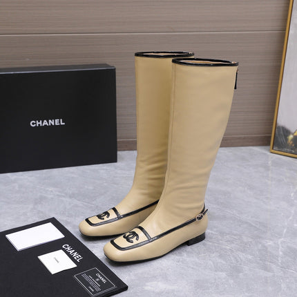 CHANEL 26S KNEE HIGH BOOTS IN BEIGE CALFSKIN WITH BLACK PATENT LEATHER TRIM AND CC LOGO ON TOE CAP