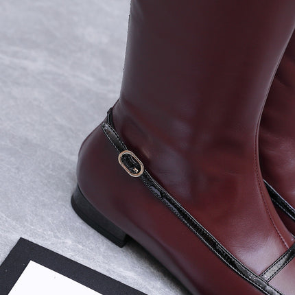 CHANEL 26S KNEE HIGH BOOTS IN BURGUNDY CALFSKIN WITH BLACK PATENT LEATHER TRIM AND CC LOGO ON TOE CAP