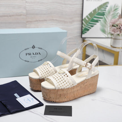 PRADA 26S WEDGE SANDALS IN IVORY CROCHET AND LEATHER
