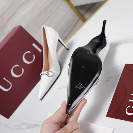 GUCCI 26S HORSEBIT PUMPS 85 MM IN WHITE CANVAS AND CALFSKIN