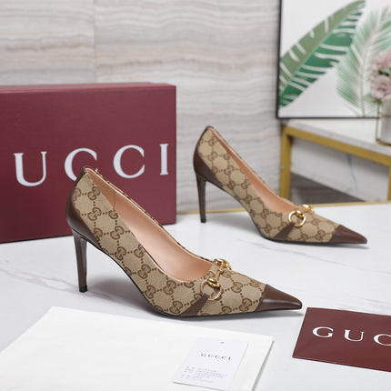 GUCCI 26S HORSEBIT PUMPS 85 MM IN BEIGE CANVAS AND BROWN CALFSKIN