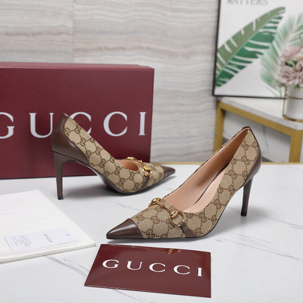 GUCCI 26S HORSEBIT PUMPS 85 MM IN BEIGE CANVAS AND BROWN CALFSKIN