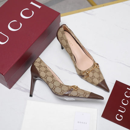 GUCCI 26S HORSEBIT PUMPS 85 MM IN BEIGE CANVAS AND BROWN CALFSKIN