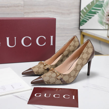 GUCCI 26S HORSEBIT PUMPS 85 MM IN BEIGE CANVAS AND BROWN CALFSKIN