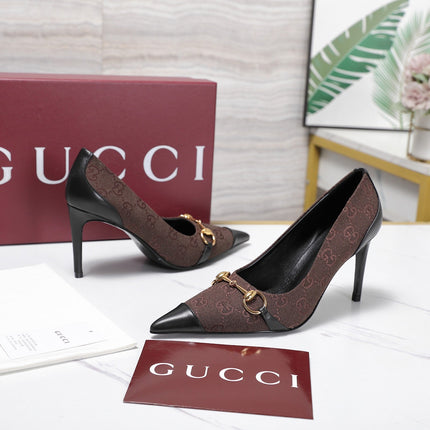 GUCCI 26S HORSEBIT PUMPS 85 MM IN DARK BROWN CANVAS AND BLACK CALFSKIN