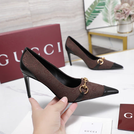 GUCCI 26S HORSEBIT PUMPS 85 MM IN DARK BROWN CANVAS AND BLACK CALFSKIN