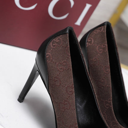 GUCCI 26S HORSEBIT PUMPS 85 MM IN DARK BROWN CANVAS AND BLACK CALFSKIN