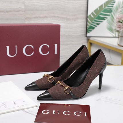 GUCCI 26S HORSEBIT PUMPS 85 MM IN DARK BROWN CANVAS AND BLACK CALFSKIN