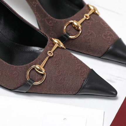 GUCCI 26S HORSEBIT PUMPS 85 MM IN DARK BROWN CANVAS AND BLACK CALFSKIN