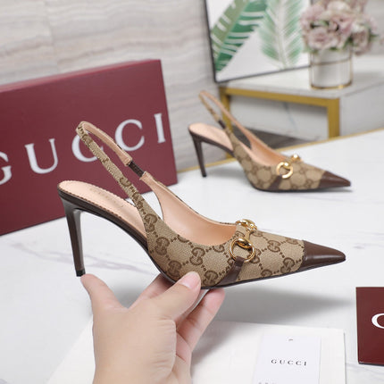 GUCCI 26S SLINGBACK PUMPS 85 MM IN BEIGE CANVAS AND BROWN CALFSKIN