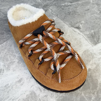PRADA 26S WOVEN MULES IN COGNAC BROWN SUEDE