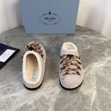 PRADA 26S WOVEN MULES IN LIGHT GREYISH BEIGE SUEDE