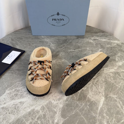 PRADA 26S WOVEN MULES IN BEIGE WOOL MIX SUEDE