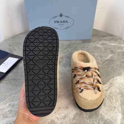 PRADA 26S WOVEN MULES IN BEIGE WOOL MIX SUEDE