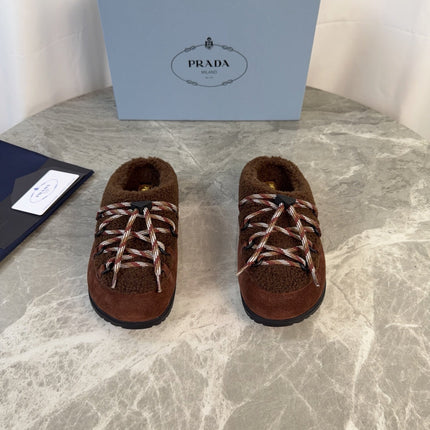 PRADA 26S WOVEN MULES IN DARK BROWN WOOL MIX SUEDE