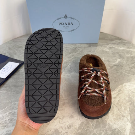 PRADA 26S WOVEN MULES IN DARK BROWN WOOL MIX SUEDE