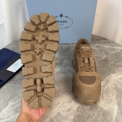 PRADA 26S GEAR SOLE SNEAKERS IN KHAKI BROWN SUEDE AND MESH