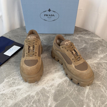 PRADA 26S GEAR SOLE SNEAKERS IN KHAKI BROWN SUEDE AND MESH
