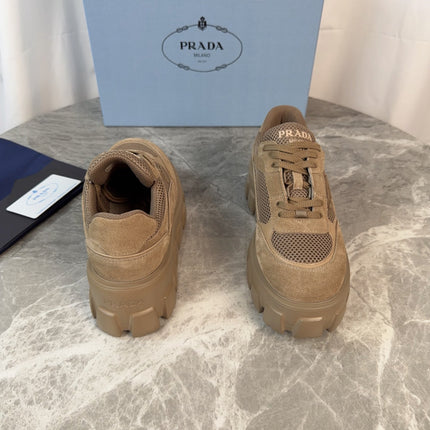 PRADA 26S GEAR SOLE SNEAKERS IN KHAKI BROWN SUEDE AND MESH