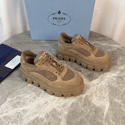 PRADA 26S GEAR SOLE SNEAKERS IN KHAKI BROWN SUEDE AND MESH