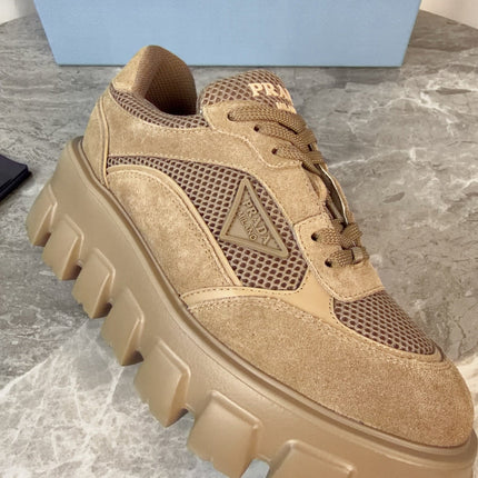 PRADA 26S GEAR SOLE SNEAKERS IN KHAKI BROWN SUEDE AND MESH
