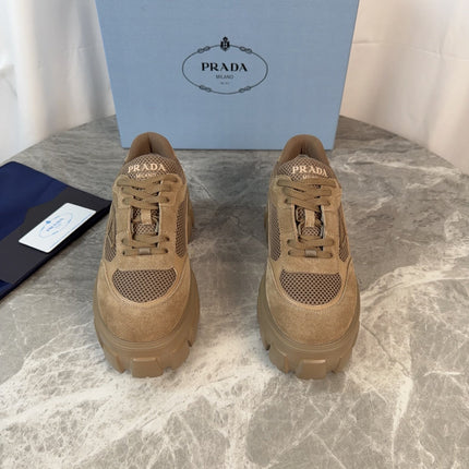 PRADA 26S GEAR SOLE SNEAKERS IN KHAKI BROWN SUEDE AND MESH