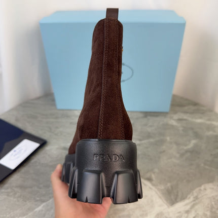 PRADA 26S ZIP-UP ANKLE BOOTS IN CHOCOLATE BROWN SUEDE