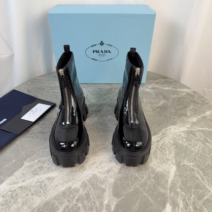 PRADA 26S ZIP-UP ANKLE BOOTS IN BLACK PATENT CALFSKIN