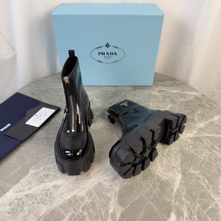 PRADA 26S ZIP-UP ANKLE BOOTS IN BLACK PATENT CALFSKIN