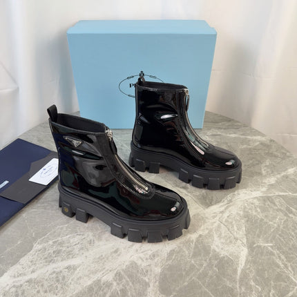 PRADA 26S ZIP-UP ANKLE BOOTS IN BLACK PATENT CALFSKIN
