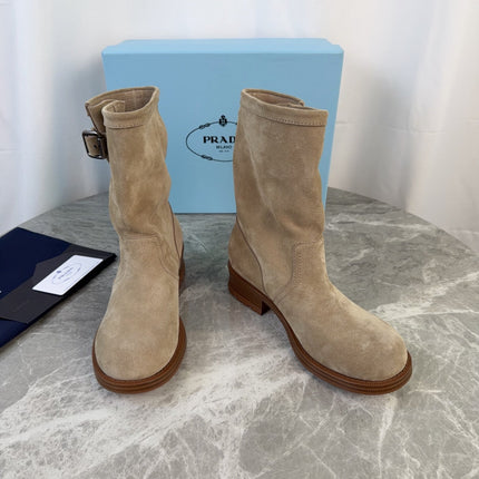 PRADA 26S ANKLE BIKER BOOTS IN BEIGE SUEDE