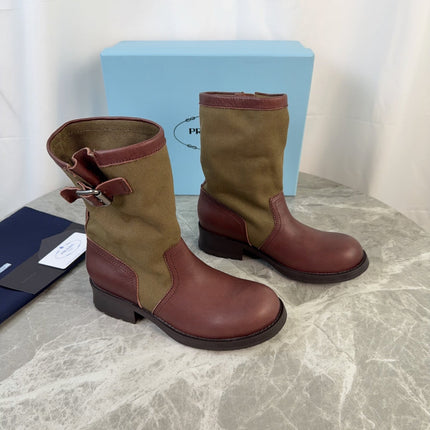 PRADA 26S BOOTS IN KHAKI CANVAS AND REDDISH BROWN CALFSKIN