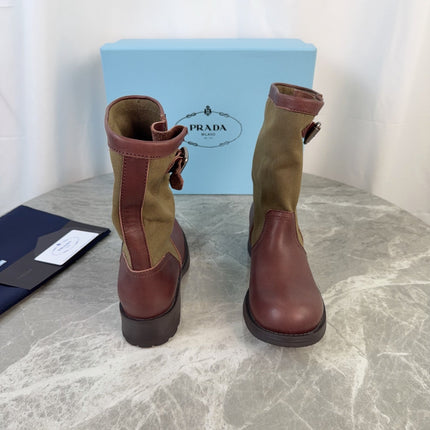 PRADA 26S BOOTS IN KHAKI CANVAS AND REDDISH BROWN CALFSKIN