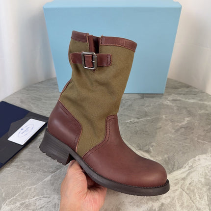 PRADA 26S BOOTS IN KHAKI CANVAS AND REDDISH BROWN CALFSKIN