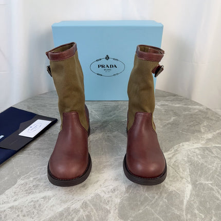 PRADA 26S BOOTS IN KHAKI CANVAS AND REDDISH BROWN CALFSKIN