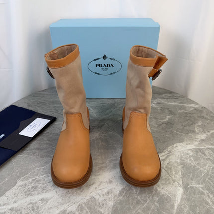 PRADA 26S BOOTS IN BEIGE CANVAS AND CAMEL CALFSKIN