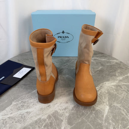 PRADA 26S BOOTS IN BEIGE CANVAS AND CAMEL CALFSKIN