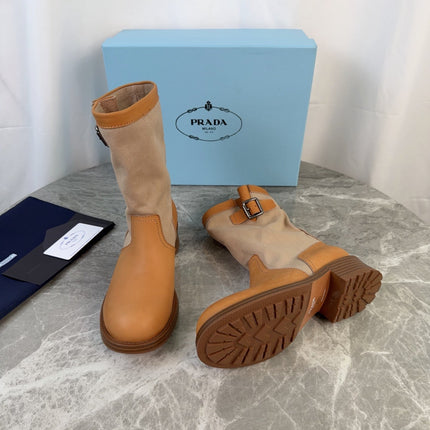 PRADA 26S BOOTS IN BEIGE CANVAS AND CAMEL CALFSKIN