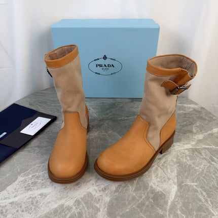PRADA 26S BOOTS IN BEIGE CANVAS AND CAMEL CALFSKIN