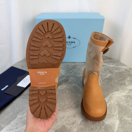 PRADA 26S BOOTS IN BEIGE CANVAS AND CAMEL CALFSKIN