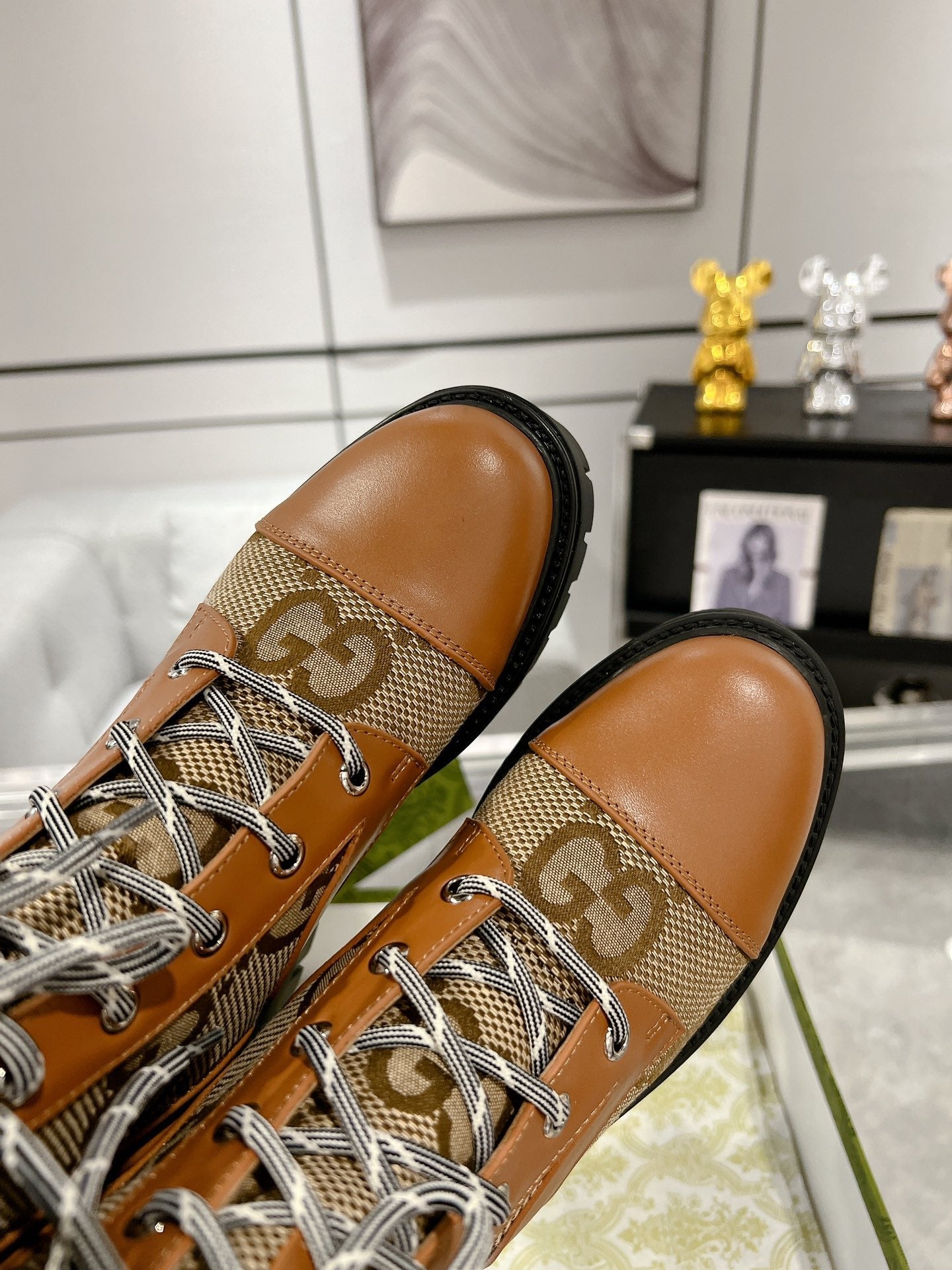 GG LACE-UP SHORT BOOTS IN CINNAMON BROWN CANVAS MIX CALFSKIN